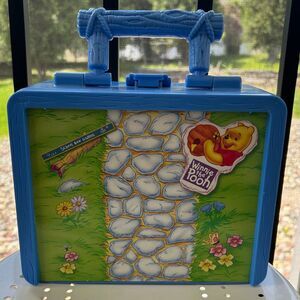 Vintage Winnie The Pooh Lunchbox Blue 2002 Disney School Box Games Tree Handle